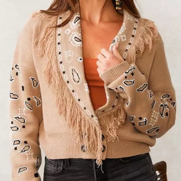 Hem & Thread  Aztec Fringe Cardigan Sweater Button Front – Boho Western Style - Picture 1 of 4